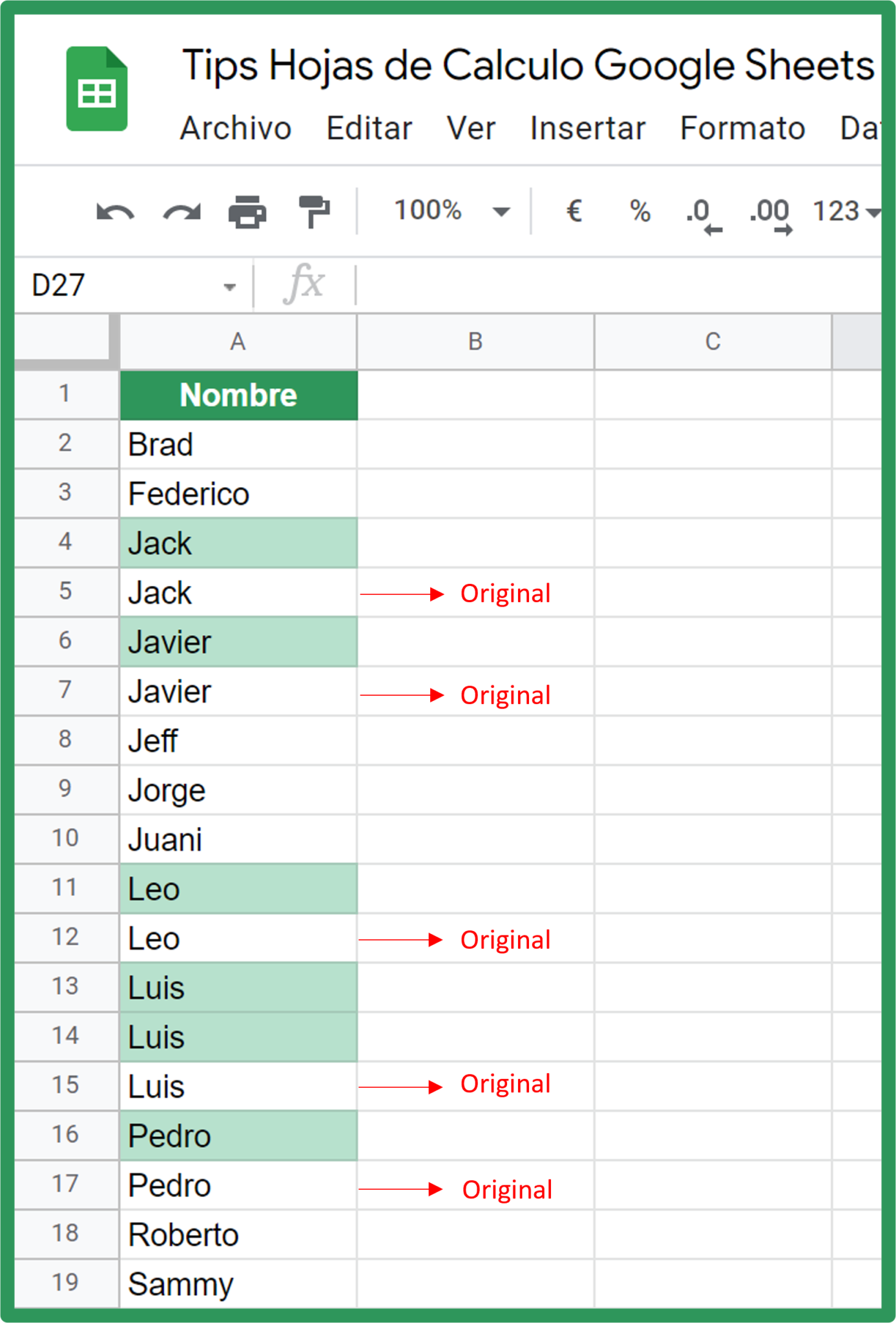 Cómo encontrar y resaltar duplicados en Google Sheets Tips hojas de