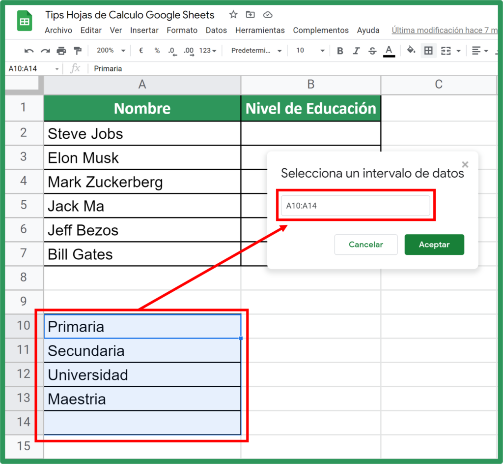 Como crear una lista desplegable en Google Sheets 