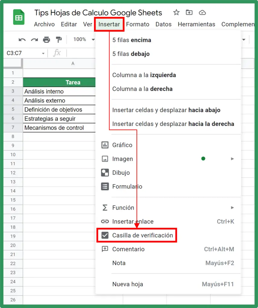 Cómo insertar una casilla de verificación (Checkbox) en Google Sheets