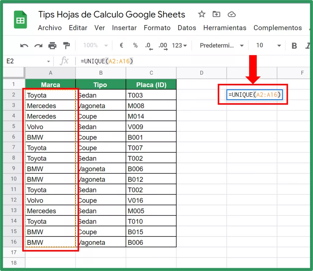 Funcion Unique Google Sheets img3