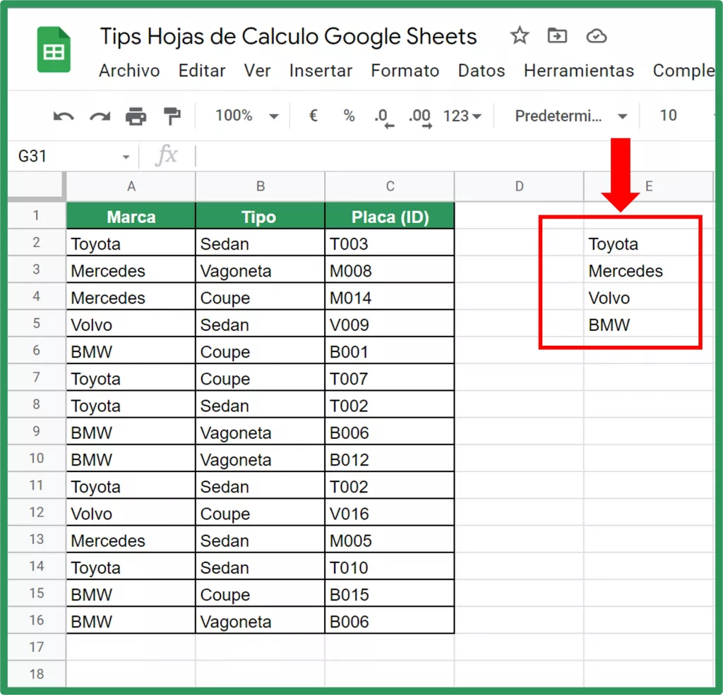 Funcion Unique Google Sheets img4