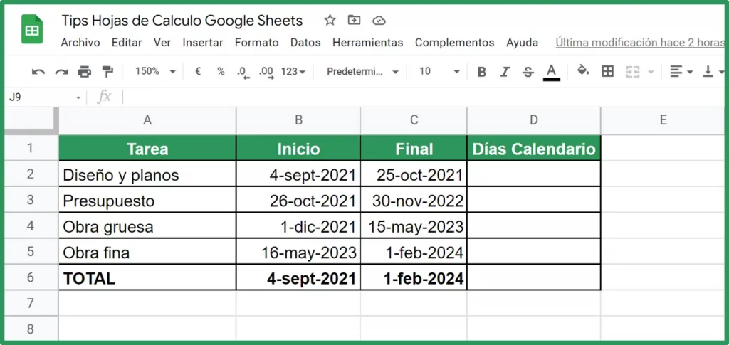 Días calendario Google Sheets