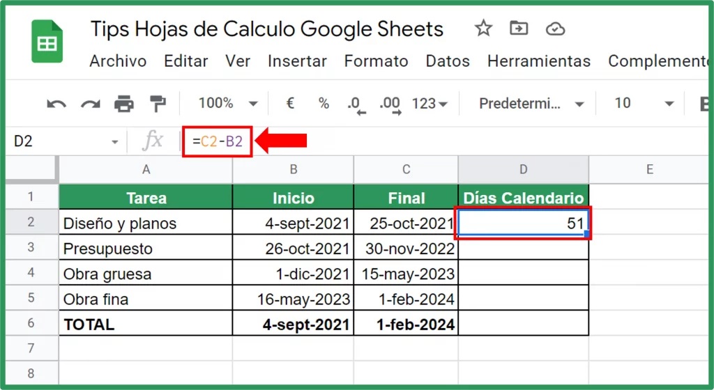 simbólico Atlético saltar Calcular días calendario entre dos fechas en Google Sheets - Tips hojas de  cálculo google sheets