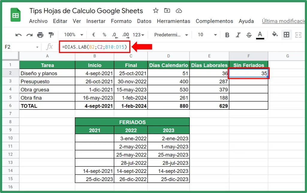 Cálculo Días calendario Google Sheets descontando Feriados Paso 2