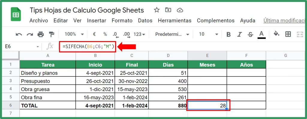 Cálculo días calendario Google Sheets funcion SIFECHA