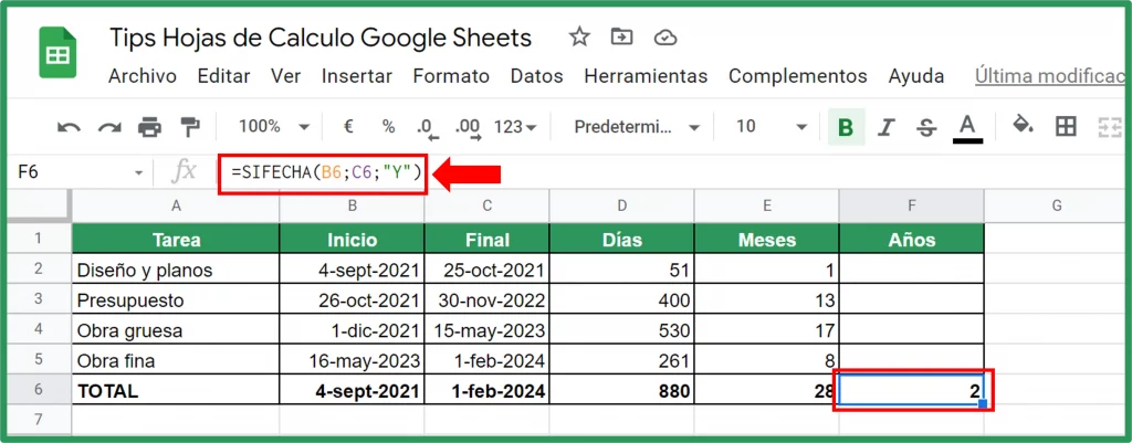 Cálculo de años Google Sheets