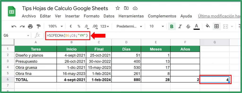 Cálculo días calendario Google Sheets Valores enteros