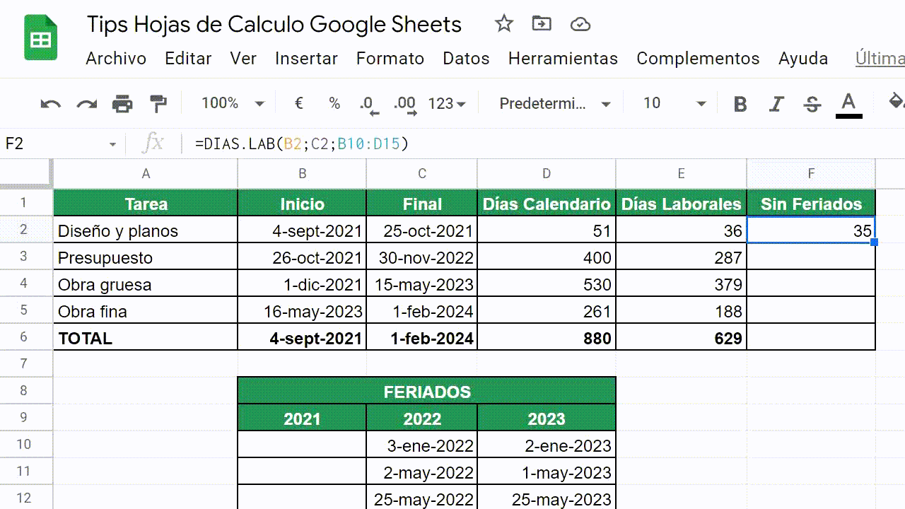 Cálculo Días calendario Google Sheets Resultado