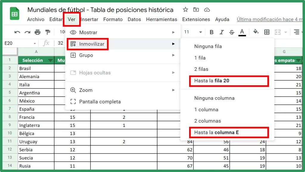 Inmovilizar Paneles Filas Columnas en Google Sheets a través del menú principal