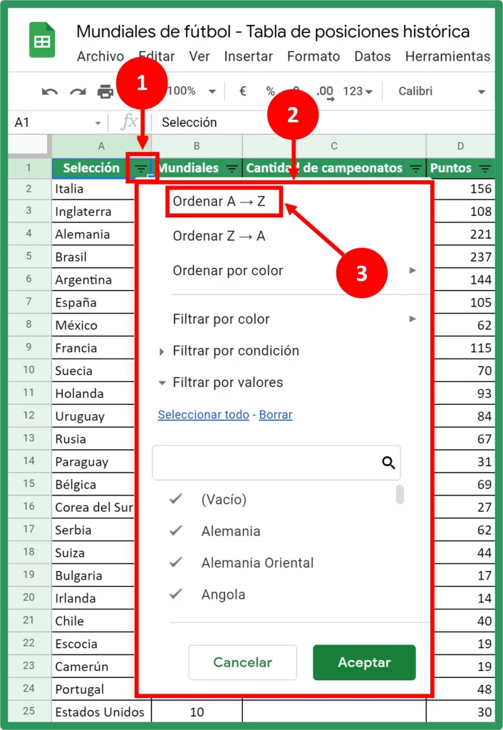 Filtrar y Ordenar en Google Sheets Vista de Filtro Procedimiento