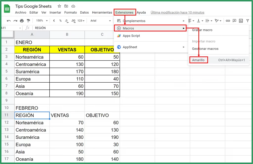 Cómo grabar macros en Google Sheets