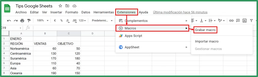 Cómo grabar macros en Google Sheets