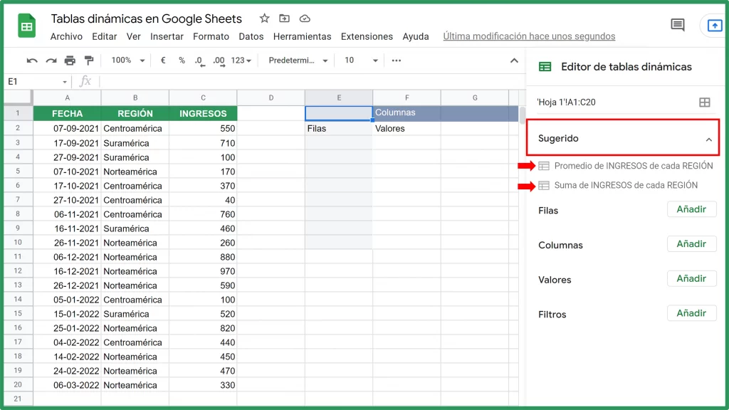 Otras sugerencias de tablas dinámicas en Google Sheets
