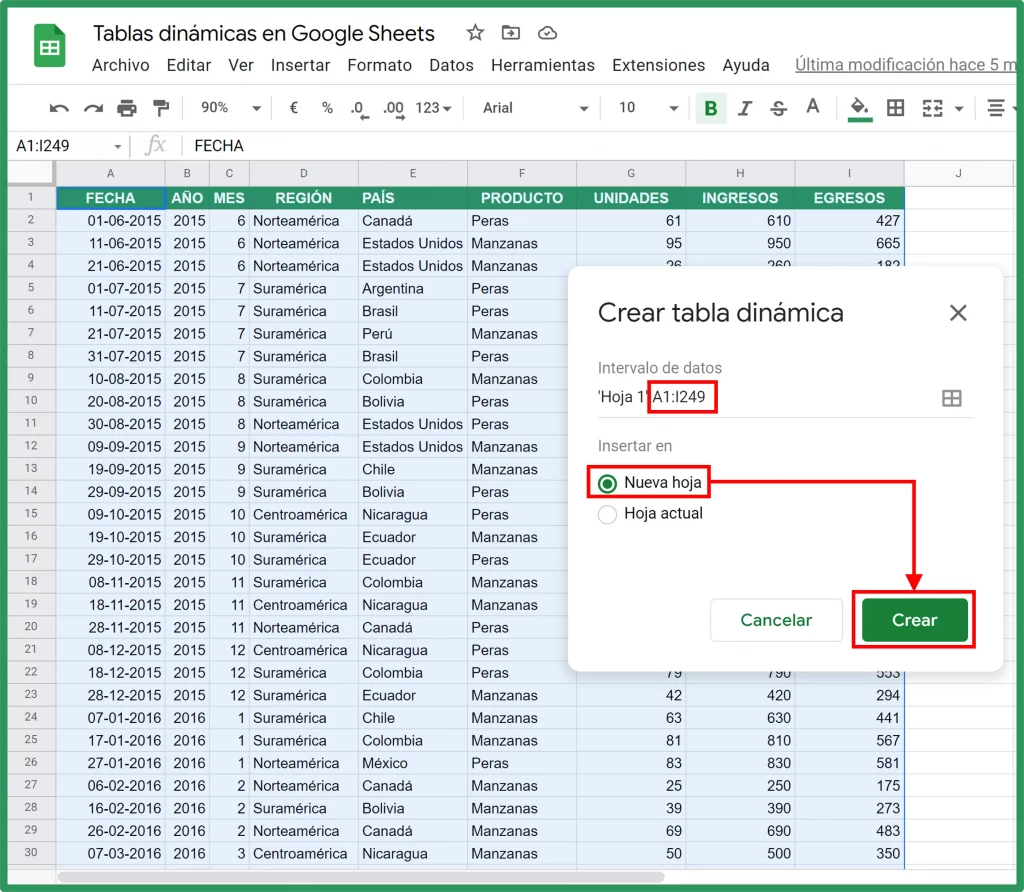Crear en nueva hoja la tabla dinámica de Google Sheets