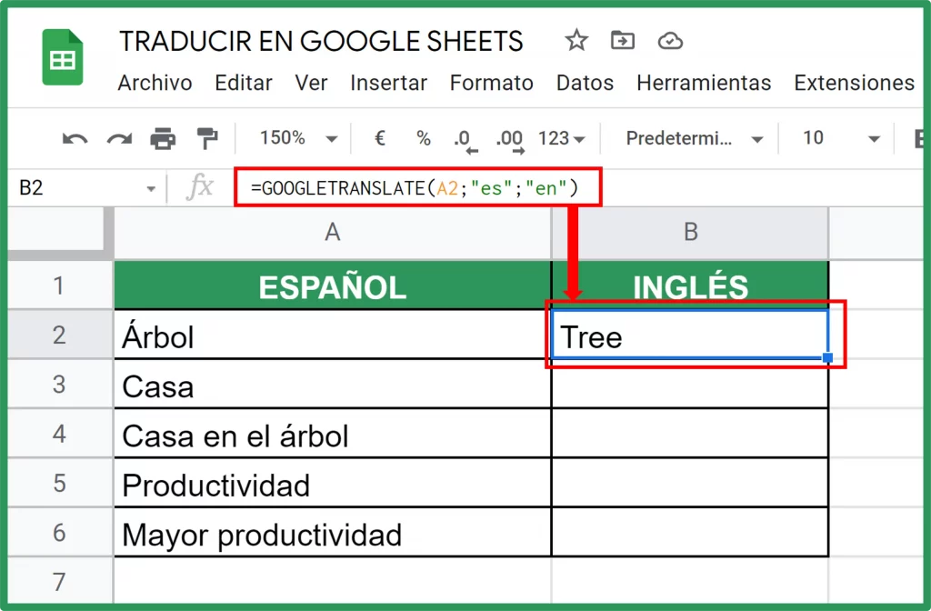 Función GOOGLETRANSLATE en Google Sheets