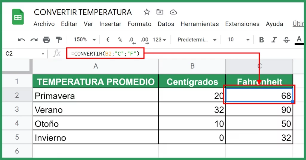 Función CONVERTIR (CONVERT) en Google Sheets