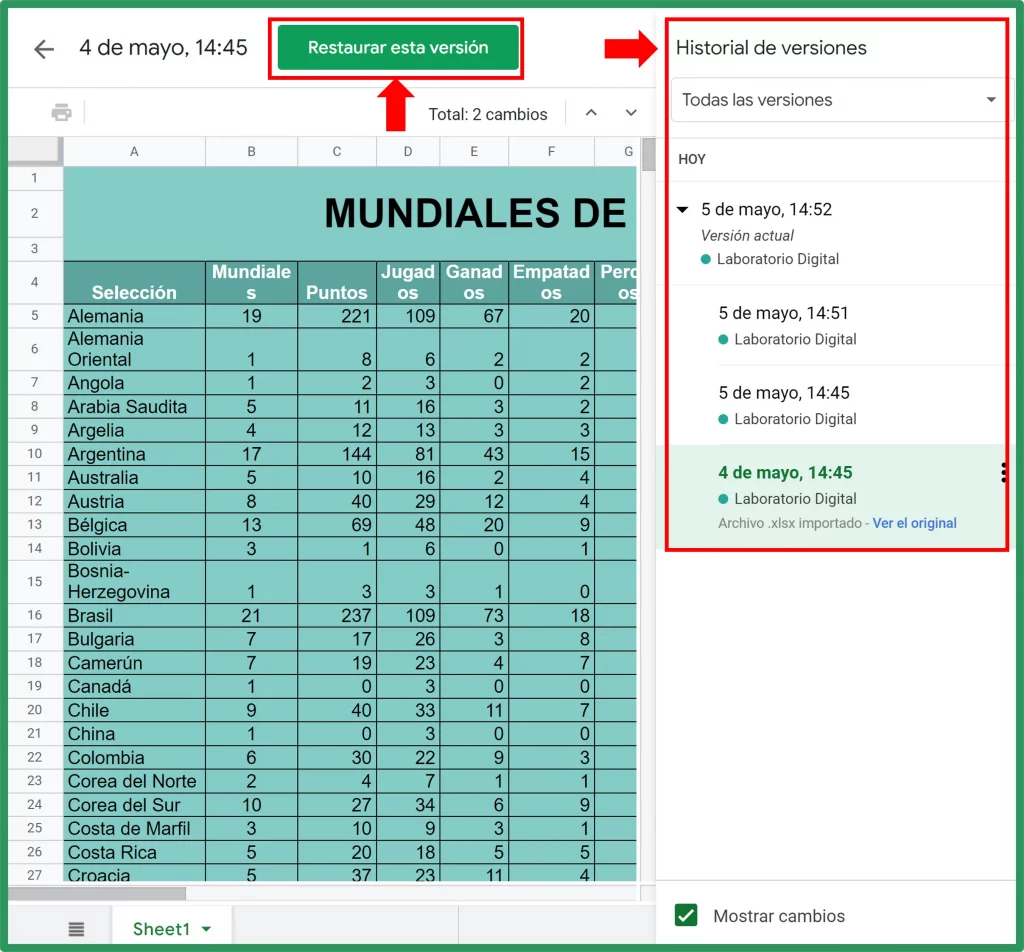 Editar en Google Sheets manteniendo el formato Excel. Restaurar versiones.