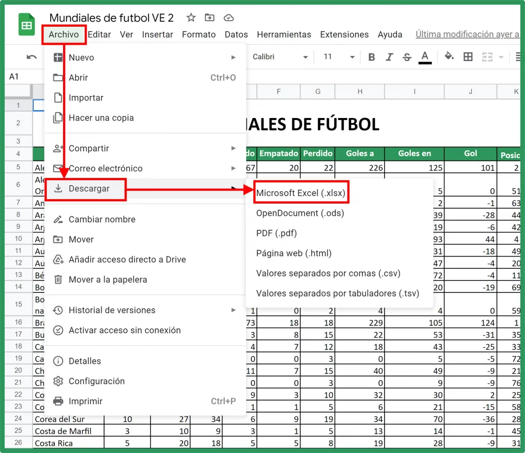 Convertir de Google Sheets a Excel. Descargar.