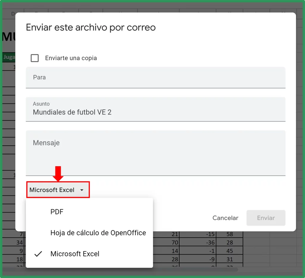 Convertir de Google Sheets a Excel. Enviar por correo electronico.