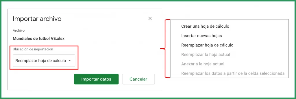 Importar algunos datos de Excel a Google Sheets, reemplazando una hoja de calculo