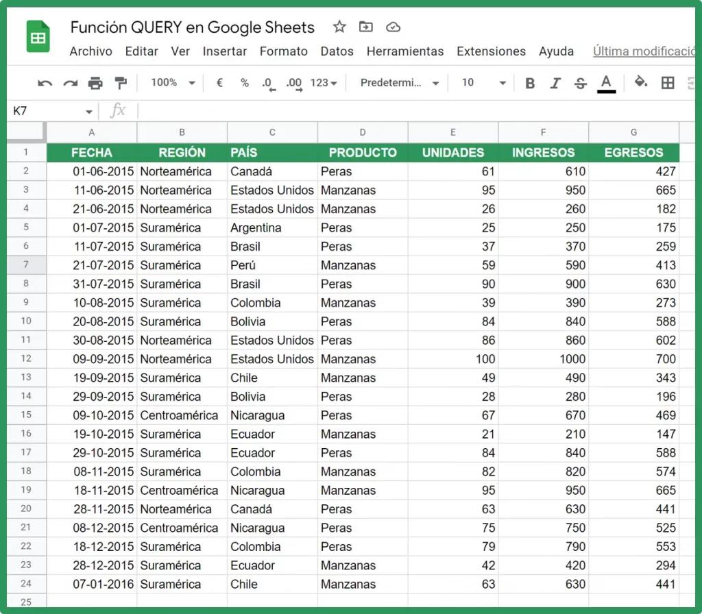 Función QUERY ejemplo introductorio