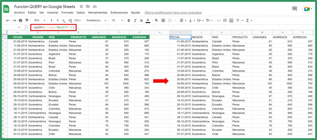 Función QUERY. Selección de todas las columnas