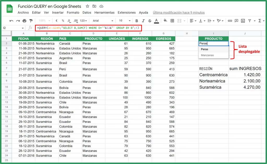 Función QUERY. Incorporando una lista desplegable (Drop down list) en el QUERY