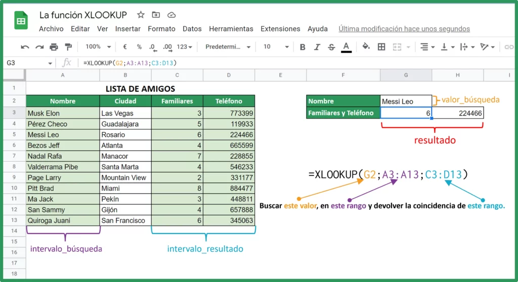 Función XLOOKUP en Google Sheets. Coincidencia exacta. Resultados multiples.