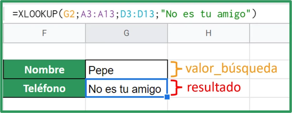 Función XLOOKUP en Google Sheets. Sin coincidencia