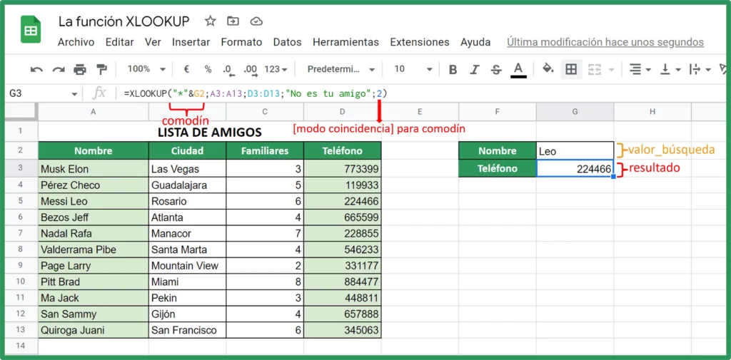 Función XLOOKUP en Google Sheets. Coincidencia parcial con comodin.